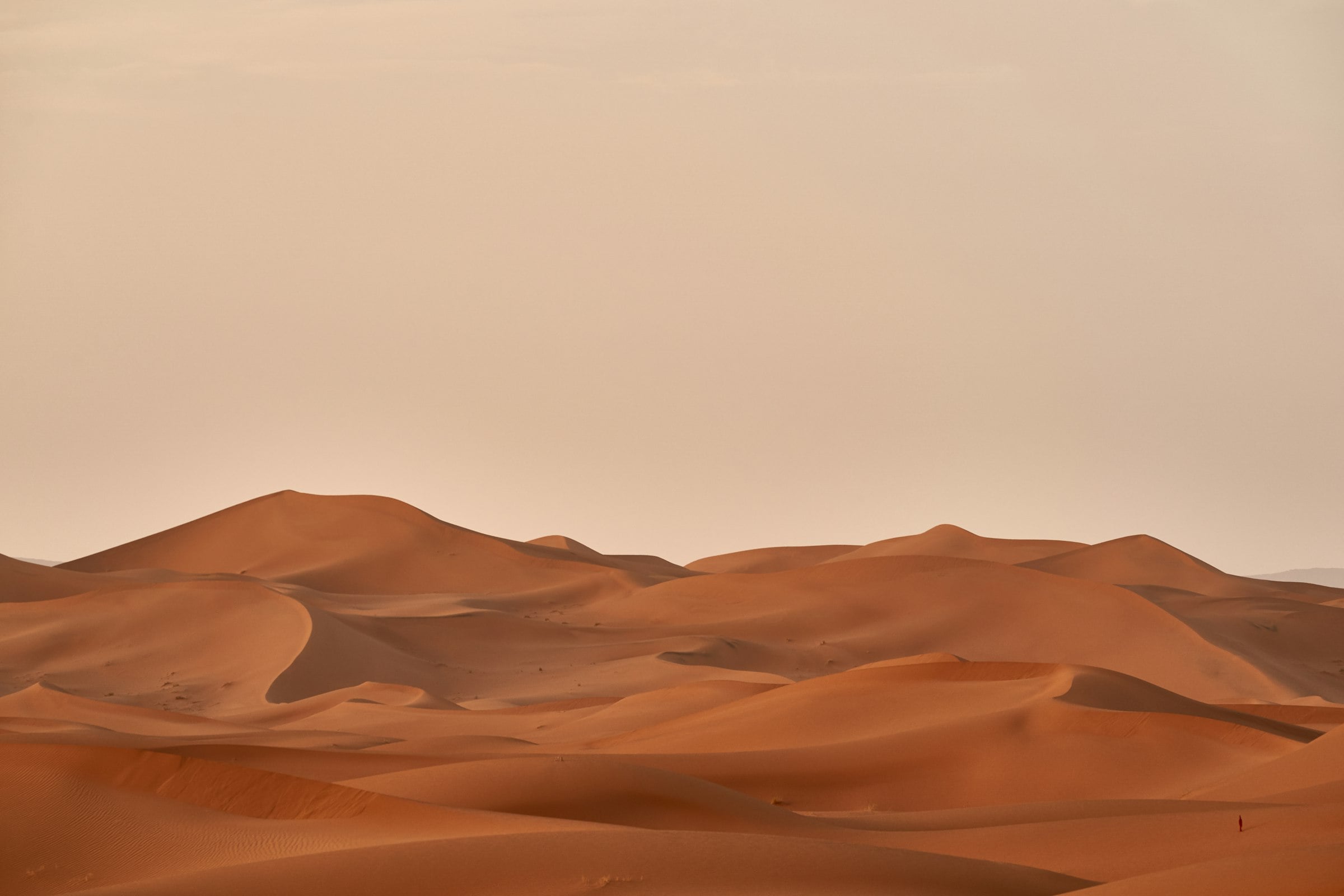كثبان الصحراء الذهبية تمتد تحت سماء صحراوية واسعة
